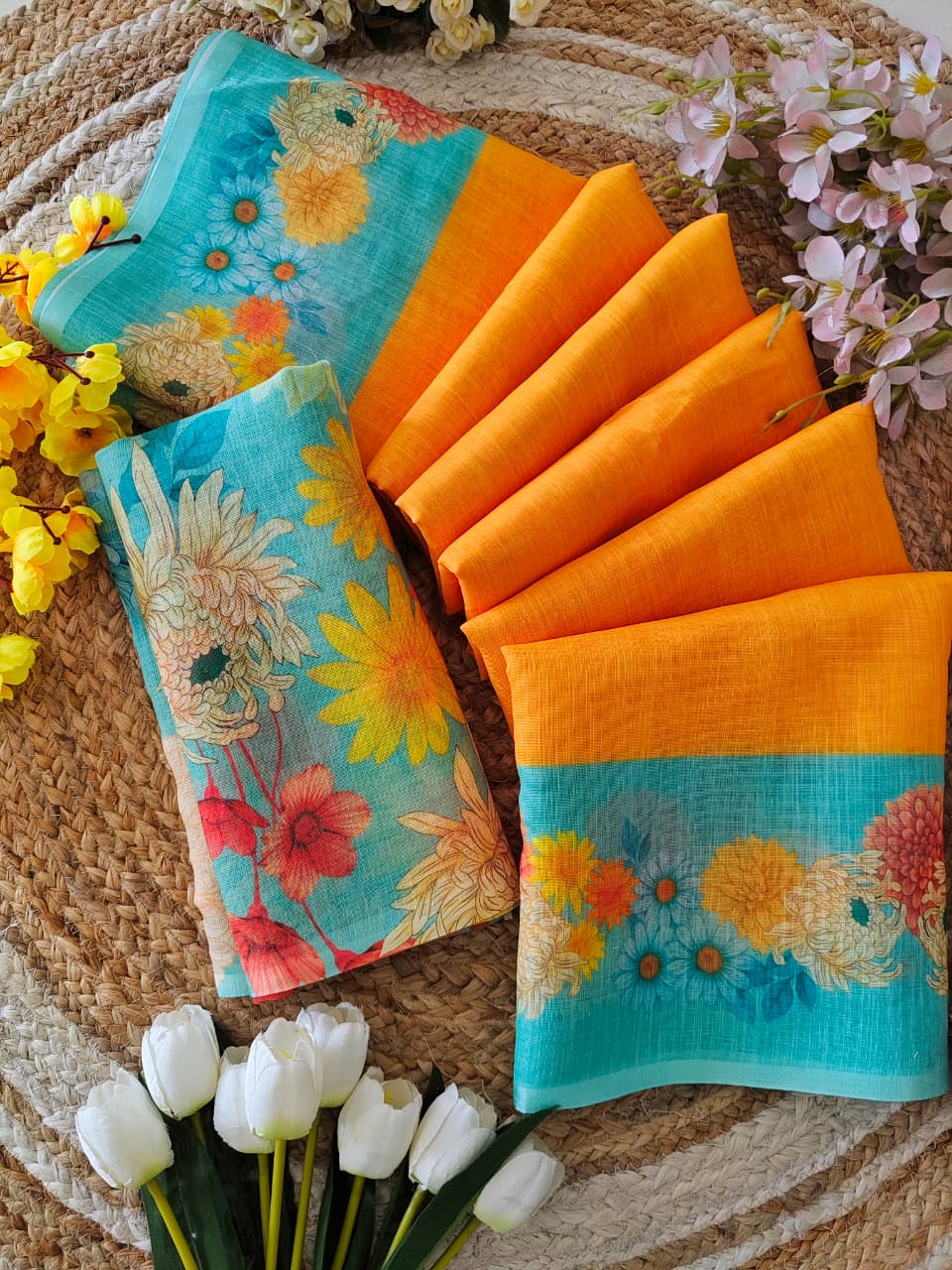 Linen Cotton Yellow Saree - Image 2