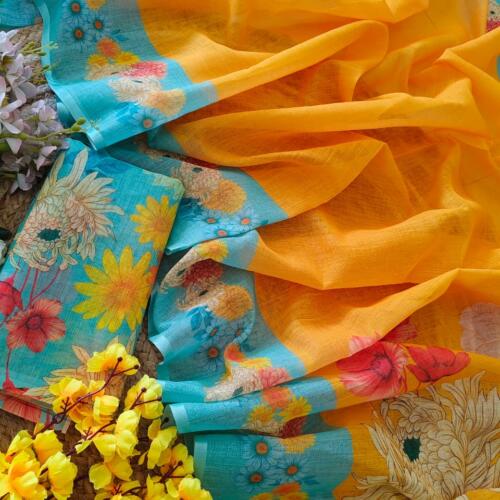 Linen Cotton Yellow Saree