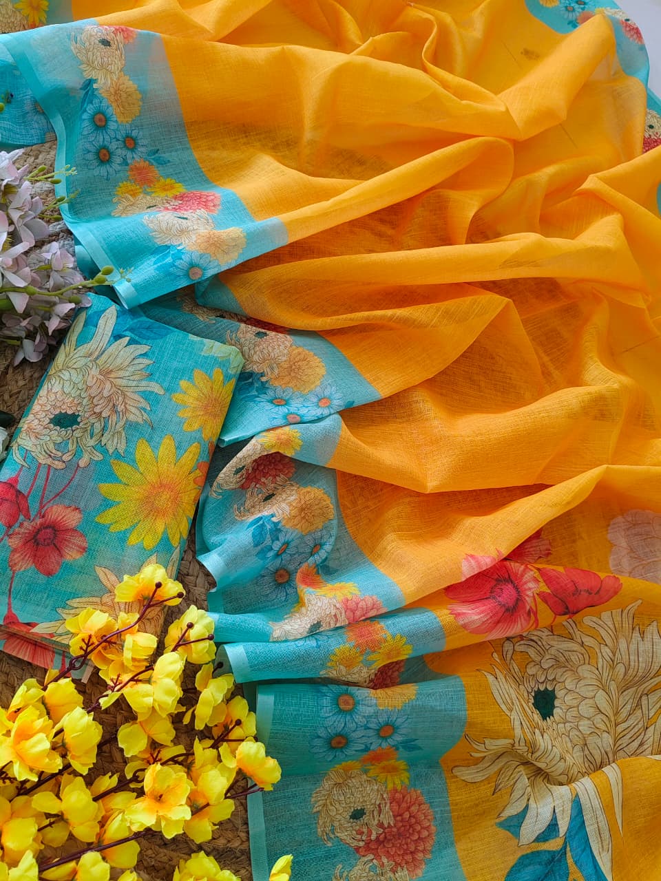 Linen Cotton Yellow Saree