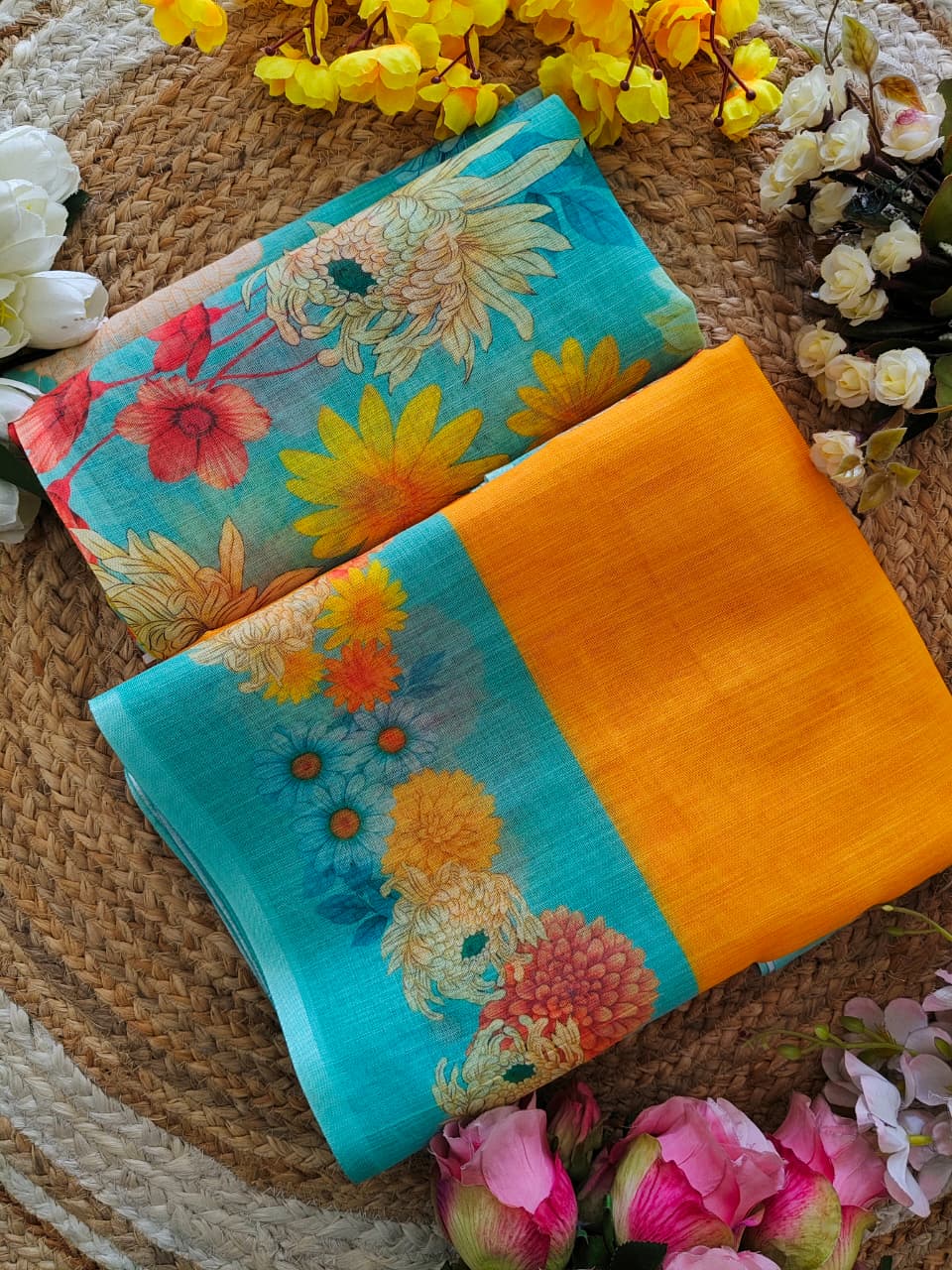 Linen Cotton Yellow Saree - Image 3