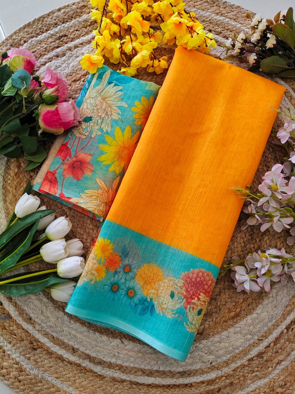 Linen Cotton Yellow Saree - Image 4