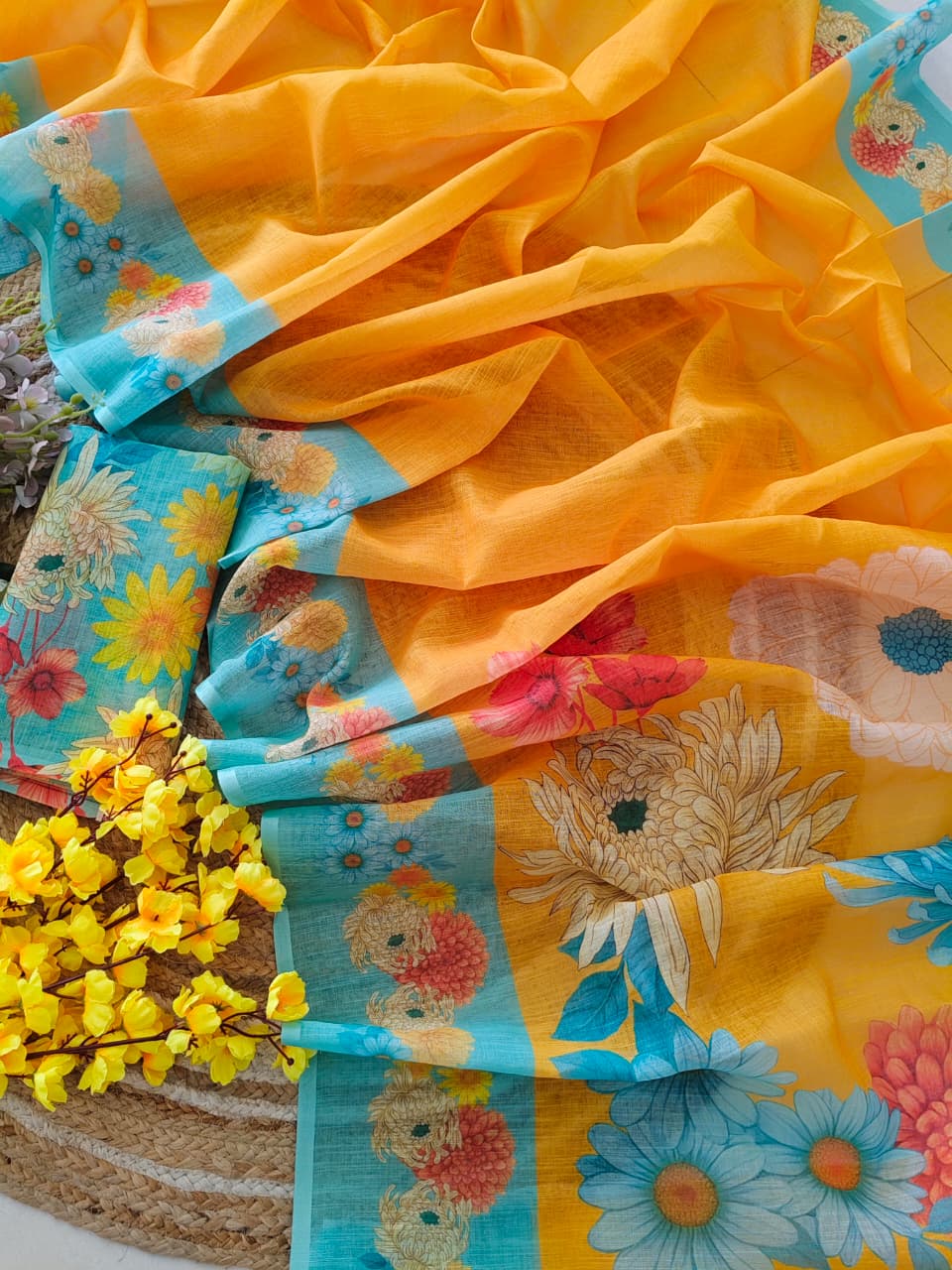 Linen Cotton Yellow Saree - Image 5