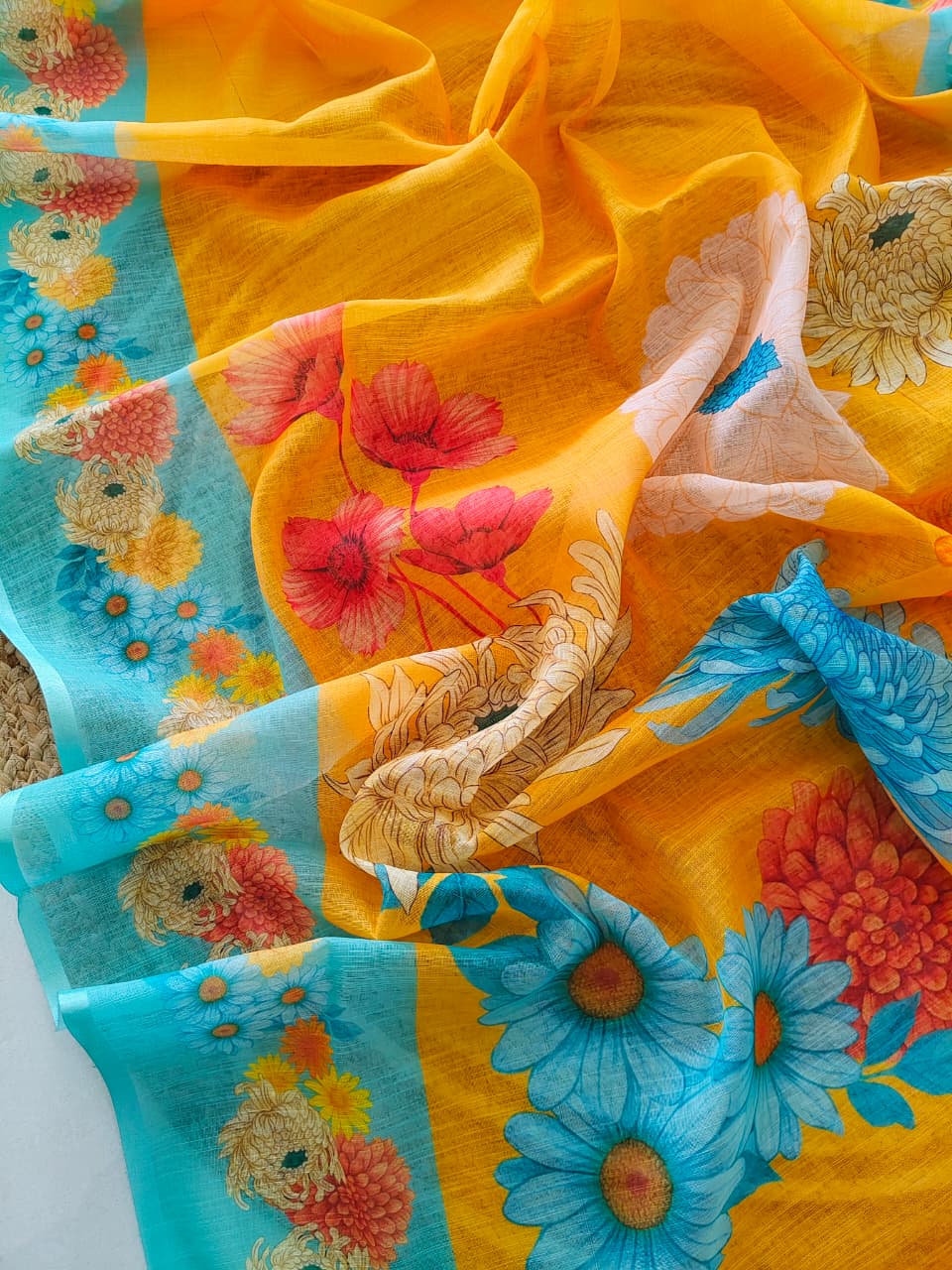 Linen Cotton Yellow Saree - Image 6
